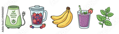 Set of cartoon style illustrations showing the process of making a healthy fruit smoothie with a blender, bananas, berries, and fresh mint leaves in a colorful hand-drawn style