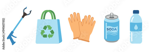 Set of recycling and cleanup equipment including a grabber tool, reusable bag, gloves, soda can, and water bottle, representing environmental conservation and volunteering