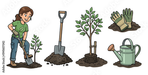 Cartoon illustration set of tree planting elements showing a woman digging with a shovel, a sapling, gloves, and a watering can for environmental conservation
