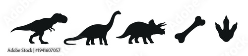 Black dinosaur silhouette icons featuring a Tyrannosaurus, a long-necked sauropod, a Triceratops, a large bone, and a three-toed footprint in a minimalist vector style