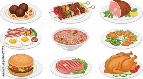 Delicious Meat Dishes Collection Vector Illustration Featuring Steak Burger Bacon Ham Skewers and Roasted Chicken Plates