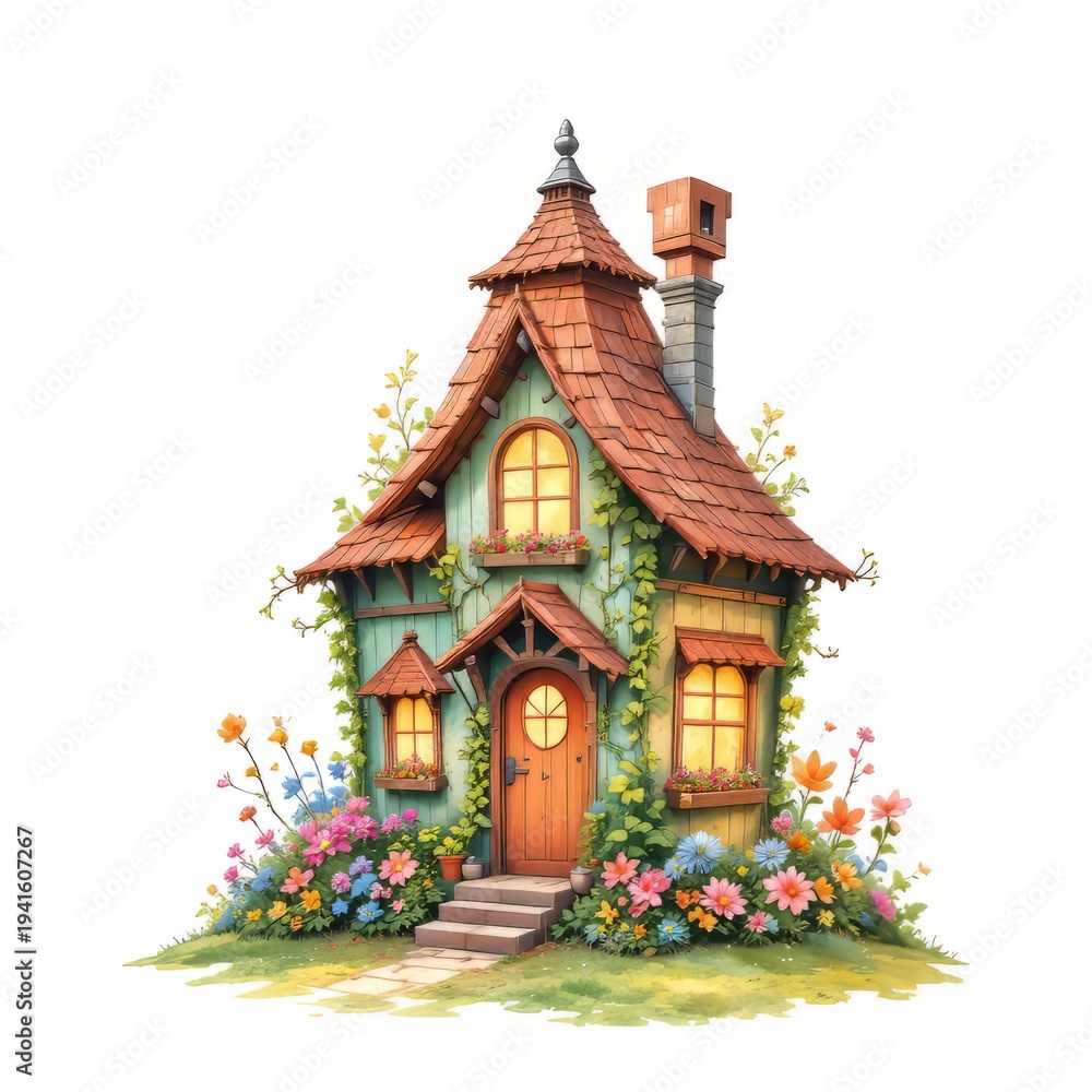 Fototapeta premium Springtime Lantern Home: Whimsical Watercolor House Clipart with Flowers, Glowing Windows, in Mint Green and Terracotta Isolated on White