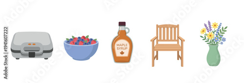 Various everyday objects and items are depicted in a clean, flat vector illustration style, showcasing a waffle maker, fruit bowl, maple syrup, wooden chair, and flower vase.