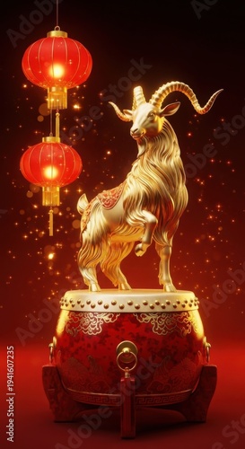 Golden statue representing year of goat stands on ornate red drum with glowing Chinese lanterns, sparkling with celebratory light. This majestic year of goat symbol radiates prosperity,