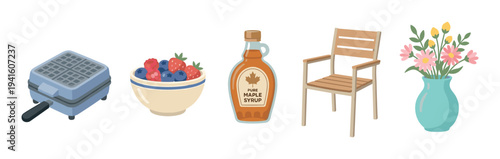 Various household items and breakfast essentials including a waffle maker, fresh berries, maple syrup, a wooden chair, and flowers in a vase are displayed in a clean, modern flat illustration style.
