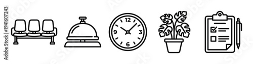 Reception area service icons representing common elements for customer service, waiting, and administrative tasks in a professional environment.