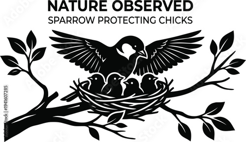 Sparrow Bird Protecting Chicks in a Nest Nature Observed Silhouette