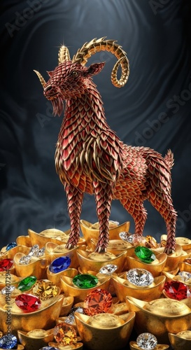 Stylized chinese goat sculpture with golden scales, standing atop pile of gold ingots filled with precious jewels, jade, and diamonds creating opulent display.