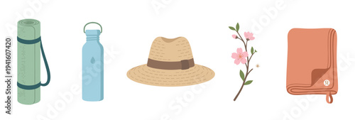 Various lifestyle objects for wellness, travel, and nature, including a yoga mat, water bottle, straw hat, cherry blossoms, and a folded towel.