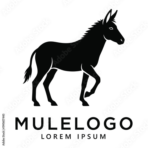 Black silhouette of a mule or donkey logo with text on white background icon