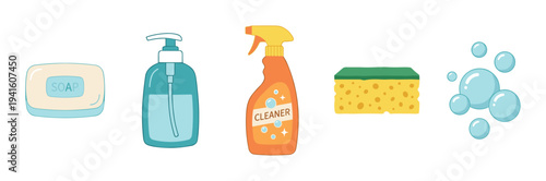 Various cleaning supplies and hygiene products including soap bar, liquid dispenser, spray cleaner bottle, and a scrubbing sponge with blue bubbles.