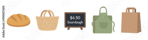 Bakery supplies and fresh bread are displayed together with a wicker basket, a green apron, a paper bag, and a sourdough price sign.