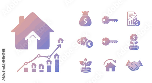 Gradient real estate and finance icon set for property investment and housing market.