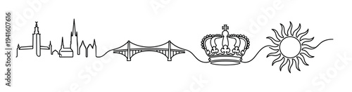 Continuous line art drawing beautifully depicts a majestic crown, a vibrant sun, a grand bridge, and an iconic city skyline, symbolizing connection and journey.