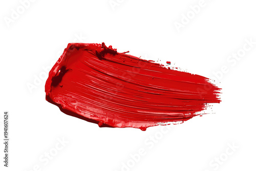 Red paint brush stroke creating a thick textured smear, vibrant acrylic art element with transparent background