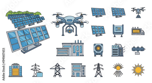 Collection of Renewable Energy and Technology Icons: Solar Panels Drone and Power Plant.