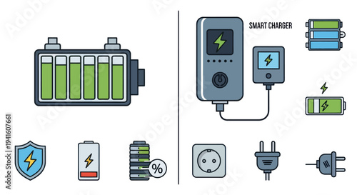 A colorful vector icon set illustrating battery power smart chargers electrical plugs and energy concepts.