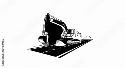 A black and white illustration of an excavator on a road with piles of dirt