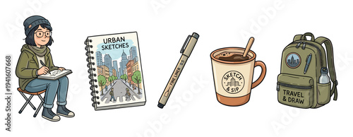 Artist's collection of urban sketching and travel essentials, including a sketchbook, pen, coffee mug, and backpack, ready for creative adventures.