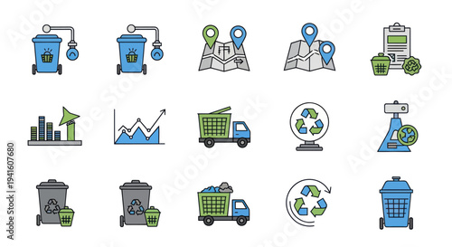 Set of Colorful Recycling and Waste Management Flat Line Icons.
