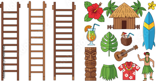 Hawaiian Tropical Elements Vector Illustration Set with Wooden Ladders Tiki Mask Surfboard Hula Dancer and Island Decor
