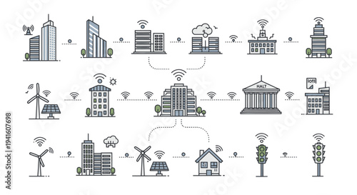 Vector Illustration of Smart City Buildings Connected with Wireless Technology.