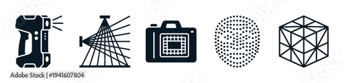 Set of 3D scanning technology icons showing a handheld scanner, laser projection, a sensor, a point cloud, and a wireframe mesh model in a minimalist graphic style