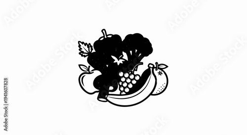 A black and white illustration of assorted fruits and vegetables