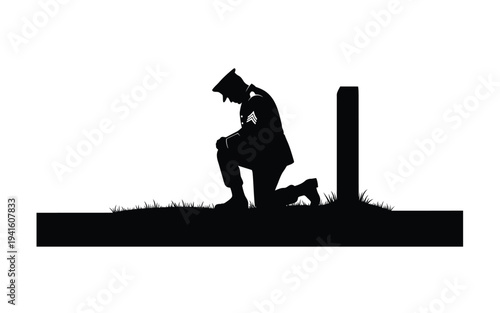 Silhouette of a person kneeling beside a post