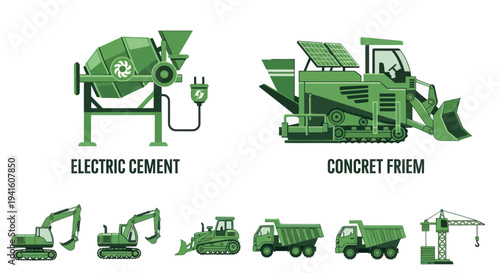 Green Construction Vehicles: Cement Mixer Concrete Finisher Excavators Bulldozer Dump Trucks Crane.