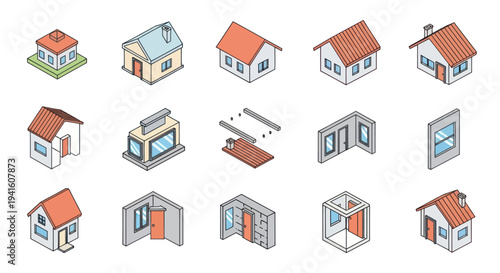 Isometric Collection of Diverse Residential House Designs and Building Components.