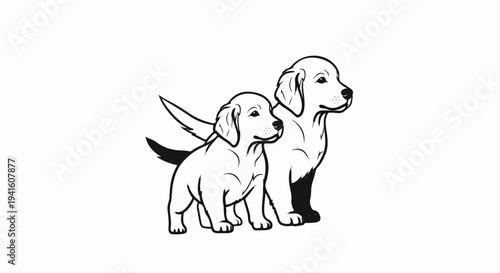 A black and white illustration of two dogs, one adult and one puppy, looking to the right