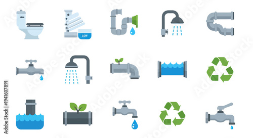 Water supply plumbing and eco-friendly conservation icon collection.