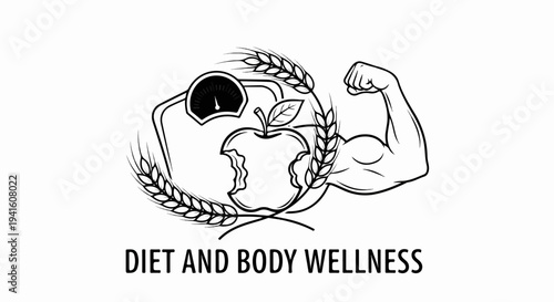 A black and white illustration showing a scale, a bitten apple, and wheat