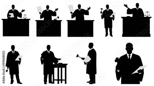 Silhouettes of judges in robes and wigs performing legal duties in a courtroom setting
