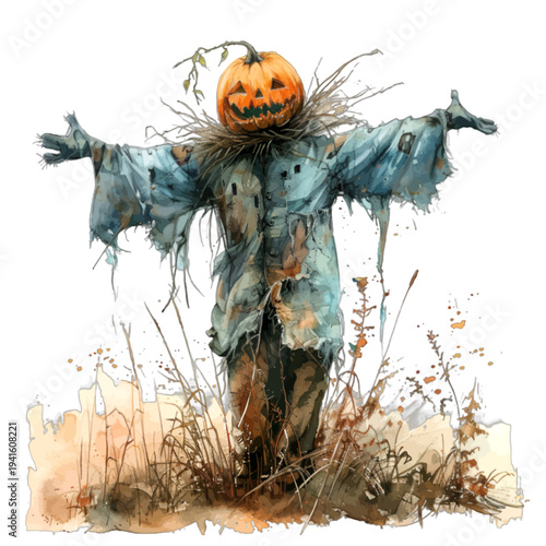 Watercolor pumpkin head scarecrow illustration in blue tattered clothes