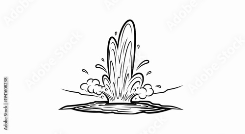 A black and white ink drawing of a powerful water geyser erupting upwards with splashes