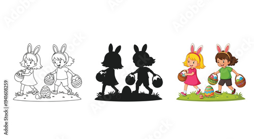Happy children wearing bunny ears collecting easter eggs in a playful illustration design