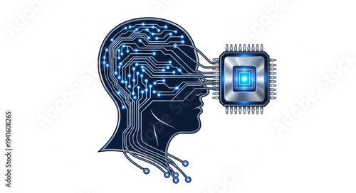 Digital Human Head with Circuitry and Microchip.
