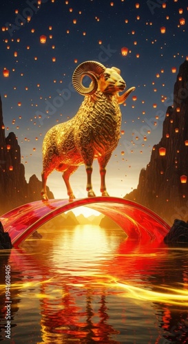 Golden ram on red bridge, reflecting sunset, lanterns, depicting Chinese Year of Goat. Cultural motifs, festive ambiance for auspicious Year of Goat celebration.