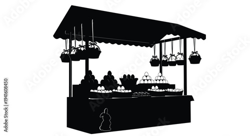 Easter egg vendor stall selling decorative eggs and baskets in a market setting illustration