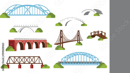 Bridge Collection Vector Illustration Featuring Arch Suspension Truss and Modern Railway Bridges Isolated on White Background