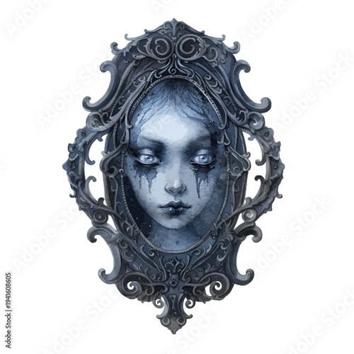 Gothic watercolor illustration of a ghostly girl in an ornate mirror