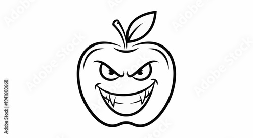 A black and white line drawing of a cartoon apple with a sinister, toothy grin