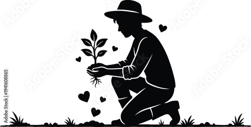 Person Planting a Small Tree with Hearts Nature and Environment Love Silhouette