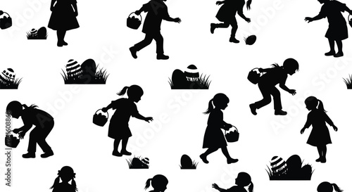 Children searching for easter eggs in a joyful vector graphic illustration design