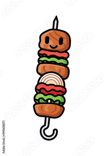 Cute grilled meat and vegetable kebab skewer vector illustration with a smiley face.