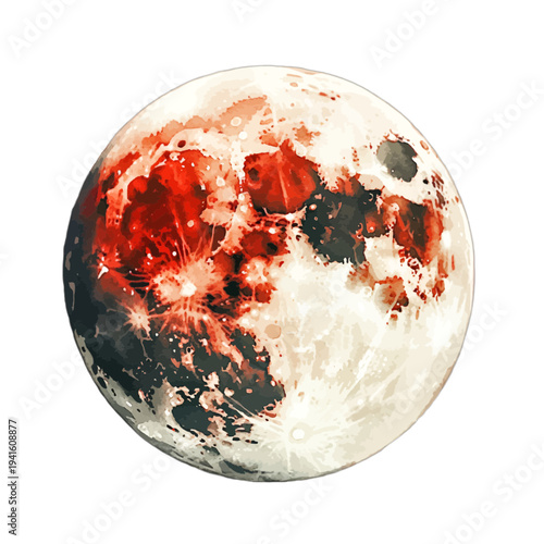 Watercolor red blood moon illustration with dark craters on white background