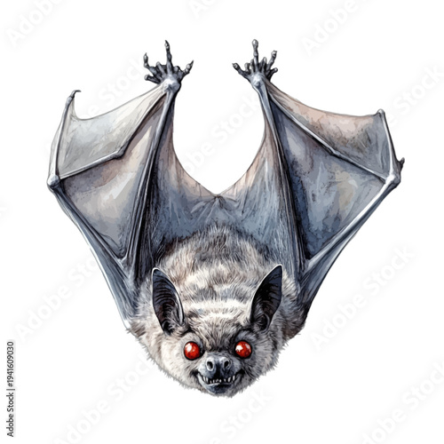 Watercolor spooky bat with red eyes and spread wings for Halloween