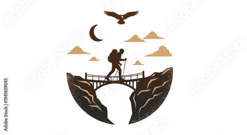 Hiker crossing bridge illustration with eagle moon clouds and mountains